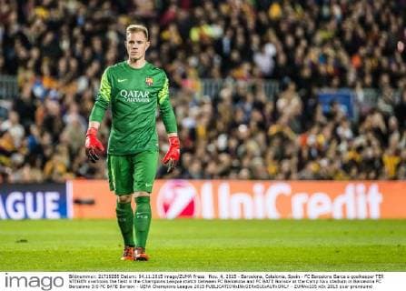 Nov. 4, 2015 - Barcelona, Catalonia, Spain - FC Barcelona Barca s goalkeeper TER STEGEN overlooks the field in the Champions League match between FC Barcelona and FC BATE Borisov at the Camp Nou stadium in Barcelona FC Barcelona 3:0 FC BATE Borisov - UEFA Champions League 2015 - ZUMAo105