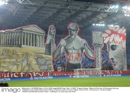 Nov. 4, 2015 - Piraeus, Greece - Placard of the fans of Olympiacos that was presented during the entrance of both teams of Olympiacos and of Dinamo Zagreb. Soccer 2015 - Olympiacos 2:1 Dinamo Zagreb - ZUMAp133