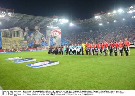 Nov. 4, 2015 - Piraeus, Greece - Panoramic view of both football team of Olympiacos (right) and Dinamo Zagreb (left) with the placard that the fans of Olympiacos presented in the stadium. Soccer 2015 - Olympiacos 2:1 Dinamo Zagreb - ZUMAp133