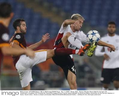 Nov. 4, 2015 - Rome, Italy - Roma s Miralem Pjanic fight for the ball with Leverkusen s Jonathan Tah N during the Champions League Group E soccer match between As Roma and Bayer Leverkusen at the Olympic Stadium in Rome. Soccer 2015 - Roma 3:2 Bayer Leverkusen - ZUMAp133