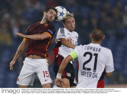 Nov. 4, 2015 - Rome, Italy - Roma s Miralem Pjanic fight for the ball with Leverkusen s Jonathan Tah during the Champions League Group E soccer match between As Roma and Bayer Leverkusen at the Olympic Stadium in Rome. Soccer 2015 - Roma 3:2 Bayer Leverkusen - ZUMAp133