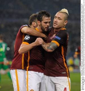 Football - soccer: UEFA Champions League, AS Rom - Bayer 04 leverkusen 3, Miralem Pjanic, Radja Nainggolan, Vasilis Torosidis xHOCHxZWEIx xItalyxPhotoxPressx 