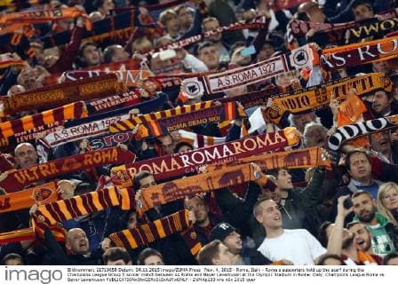 Nov. 4, 2015 - Rome, Italy - Roma s supporters hold up the scarf during the Champions League Group E soccer match between As Roma and Bayer Leverkusen at the Olympic Stadium in Rome. Italy: Champions League Roma vs Bayer Leverkusen - ZUMAp133