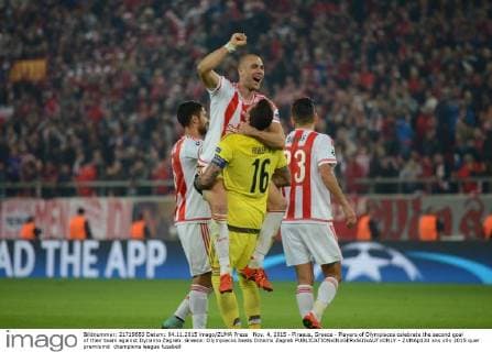 Nov. 4, 2015 - Piraeus, Greece - Players of Olympiacos celebrate the second goal of their team against Dynamo Zagreb. Greece: Olympiacos beats Dinamo Zagreb - ZUMAp133