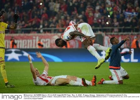 Nov. 4, 2015 - Piraeus, Greece - Celebration of Olympiacos players for the winning versus Dinamo Zagreb Greece: Olympiacos beats Dinamo Zagreb - ZUMAp133