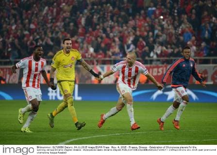 Nov. 4, 2015 - Piraeus, Greece - Celebration of Olympiacos players for the winning versus Dinamo Zagreb Greece: Olympiacos beats Dinamo Zagreb - ZUMAp133