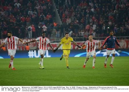 Nov. 4, 2015 - Piraeus, Greece - Celebration of Olympiacos players for the winning versus Dinamo Zagreb Greece: Olympiacos beats Dinamo Zagreb - ZUMAp133
