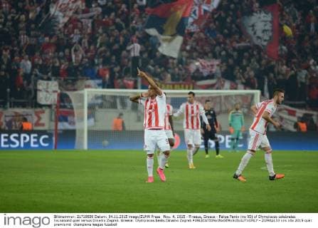 Nov. 4, 2015 - Piraeus, Greece - Felipe Pardo (no 90) of Olympiacos celebrates his second goal versus Dinamo Zagreb. Greece: Olympiacos beats Dinamo Zagreb - ZUMAp133