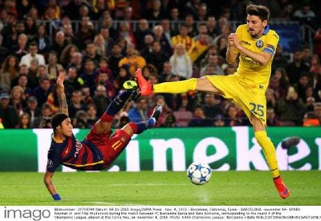 Nov. 4, 2015 - Barcelona, Catalonia, Spain - BARCELONA -november 04- SPAIN: Neymar Jr. and Filip Mladenovic during the match between FC Barcelona Barca and Bate Borisova, corresponding to the round 4 of the Champions League, played at the Camp Nou, on november 4, 2015. Photo: UEFA Champions League: Barcelona v Bate  - ZUMAn230