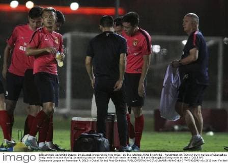 DUBAI, UNITED ARAB EMIRATES - NOVEMBER 04: (CHINA OUT) Players of Guangzhou Evergrande in action during the training session ahead of the final match between Al Ahli and Guangzhou Evergrande as part of 2015 AFC Champions League on November 4, 2015 in Dubai, United Arab Emirates.  CFP475416899 