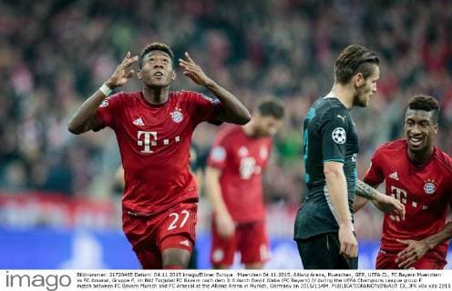 Muenchen 04.11.2015, Allianz Arena, Muenchen, GER, UEFA CL, FC Bayern Muenchen vs FC Arsenal, Gruppe F, im Bild Torjubel FC Bayern nach dem 3:0 durch David Alaba (FC Bayern) during the UEFA Champions League group F match between FC Bayern Munich and FC Arsenal at the Allianz Arena in Munich, Germany on 2015 11 04.  EX_JFK  