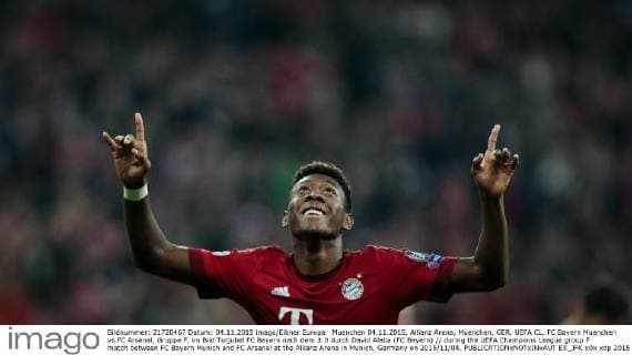 Muenchen 04.11.2015, Allianz Arena, Muenchen, GER, UEFA CL, FC Bayern Muenchen vs FC Arsenal, Gruppe F, im Bild Torjubel FC Bayern nach dem 3:0 durch David Alaba (FC Bayern) during the UEFA Champions League group F match between FC Bayern Munich and FC Arsenal at the Allianz Arena in Munich, Germany on 2015 11 04.  EX_JFK  