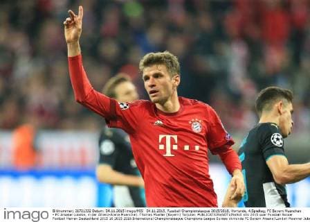 04.11.2015, Fussball Championsleague 2015 2016, Vorrunde, 4.Spieltag, FC Bayern Muenchen - FC Arsenal London, in der Allianz-Arena Muenchen. Thomas Mueller (Bayern) Torjubel. 