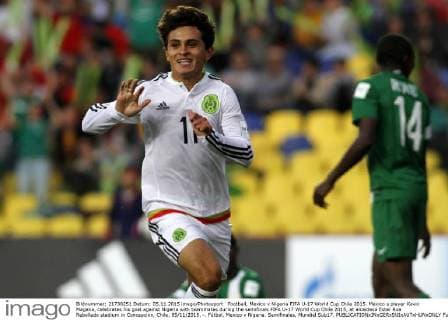 Football, Mexico v Nigeria FIFA U-17 World Cup Chile 2015. Mexico s player Kevin Magana, celebrates his goal against Nigeria with teammates during the semifinals FIFA U-17 World Cup Chile 2015, at alcaldesa Ester Roa Rebolledo stadium in Concepcion, Chile. 05 11 2015. -. Fútbol, Mexico v Nigeria. Semifinales, Mundial Sub17. 