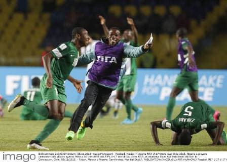 Football, Mexico v Nigeria FIFA U-17 World Cup Chile 2015. Nigeria s players celebrate their victory against Mexico by the semifinals FIFA U-17 World Cup Chile 2015, at alcaldesa Ester Roa Rebolledo stadium in Concepcion, Chile. 05 11 2015. - Futbol, Mexico v Nigeria. Semifinales, Mundial Sub17. 