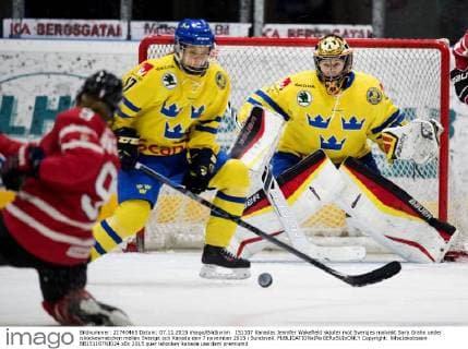 151107 Kanadas Jennifer Wakefield skjuter mot Sveriges malvakt Sara Grahn under ishockeymatchen mellan Sverige och Kanada den 7 november 2015 i Sundsvall.  Copyright: NilsxJakobsson BB151107NJ024