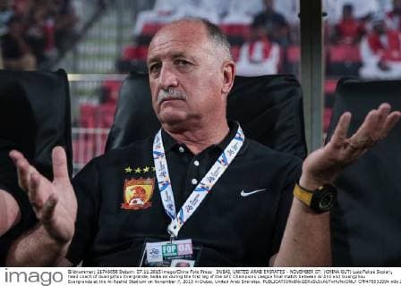 DUBAI, UNITED ARAB EMIRATES - NOVEMBER 07: (CHINA OUT) Luiz Felipe Scolari, head coach of Guangzhou Evergrande, looks on during the first leg of the AFC Champions League final match between Al Ahli and Guangzhou Evergrande at the Al-Rashid Stadium on November 7, 2015 in Dubai, United Arab Emirates.  CFP475532594 