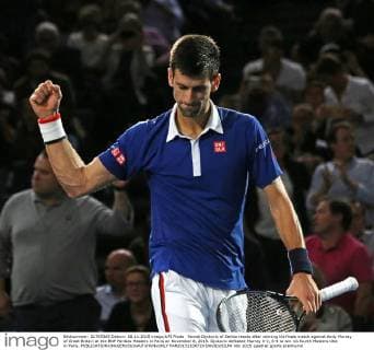 Novak Djokovic of Serbia reacts after winning his finals match against Andy Murray of Great Britain at the BNP Paribas Masters in Paris on November 8, 2015. Djokovic defeated Murray 6-2, 6-4 to win his fourth Masters title in Paris.  PAR20151108729 DAVIDxSILPA