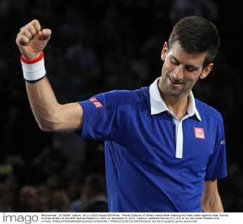 Novak Djokovic of Serbia reacts after winning his finals match against Andy Murray of Great Britain at the BNP Paribas Masters in Paris on November 8, 2015. Djokovic defeated Murray 6-2, 6-4 to win his fourth Masters title in Paris.  PAR20151108732 DAVIDxSILPA