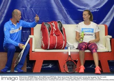 Czech tennis player Petra Kvitova (right) and non playing captain Petr Pala speak prior to the final match of the world group Fed Cup Czech Republic vs. Russia, in Prague, Czech Republic, November 9, 2015. The Czech Republic-Russia Fed Cup match will be played on November 14th and 15th in Prague, Czech Republic. (CTKxPhoto MichalxKamaryt) CTKPhotoP201511090406401  kmt 2