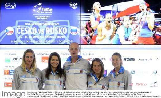 Czech tennis players from left: Petra Kvitova, Lucie Safarova, non playing captain Petr Pala, Barbora Strycova and Denisa Allertova are seen prior to the final match of the world group Fed Cup Czech Republic vs. Russia, in Prague, Czech Republic, November 9, 2015. The Czech Republic-Russia Fed Cup match will be played on November 14th and 15th in Prague, Czech Republic. (CTKxPhoto MichalxKamaryt) CTKPhotoP201511090479401  kmt 5
