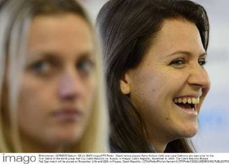 Czech tennis players Petra Kvitova (left) and Lucie Safarova are seen prior to the final match of the world group Fed Cup Czech Republic vs. Russia, in Prague, Czech Republic, November 9, 2015. The Czech Republic-Russia Fed Cup match will be played on November 14th and 15th in Prague, Czech Republic. (CTKxPhoto MichalxKamaryt) CTKPhotoP201511090493401  kmt 7