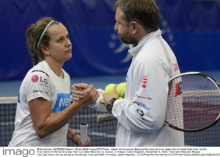 Czech tennis player Barbora Strycova and her coach David Kunst train prior to the final match of the world group Fed Cup Czech Republic vs. Russia, in Prague, Czech Republic, November 9, 2015. The Czech Republic-Russia Fed Cup match will be played on November 14th and 15th in Prague, Czech Republic. (CTKxPhoto MichalxKamaryt) CTKPhotoP201511090501201  kmt 7
