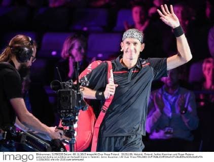 20151109, Helsinki, Finland. Jarkko Nieminen and Roger Federer pictured during an exhition at Hartwall Arena in Helsinki. Jarno Kuusinen All Over Press FINLAND OUT  1.03563932