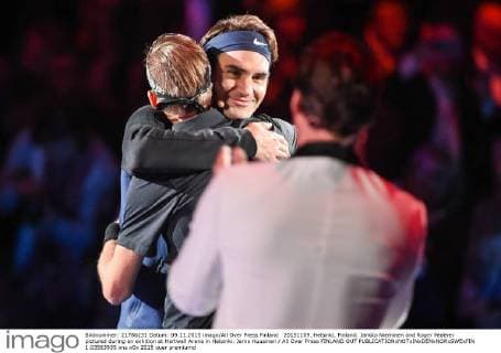 20151109, Helsinki, Finland. Jarkko Nieminen and Roger Federer pictured during an exhition at Hartwall Arena in Helsinki. Jarno Kuusinen All Over Press FINLAND OUT  1.03563935