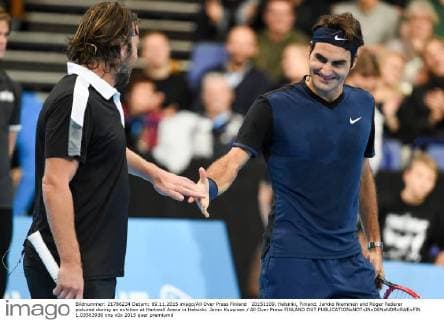 20151109, Helsinki, Finland. Jarkko Nieminen and Roger Federer pictured during an exhition at Hartwall Arena in Helsinki. Jarno Kuusinen All Over Press FINLAND OUT  1.03563936