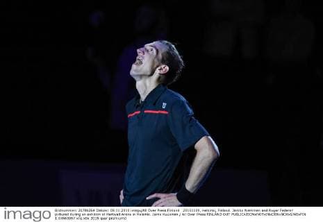 20151109, Helsinki, Finland. Jarkko Nieminen and Roger Federer pictured during an exhition at Hartwall Arena in Helsinki. Jarno Kuusinen All Over Press FINLAND OUT  1.03563957