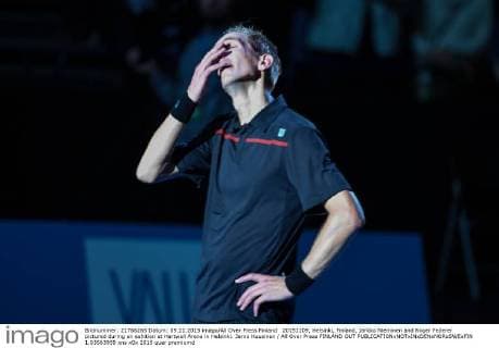 20151109, Helsinki, Finland. Jarkko Nieminen and Roger Federer pictured during an exhition at Hartwall Arena in Helsinki. Jarno Kuusinen All Over Press FINLAND OUT  1.03563959