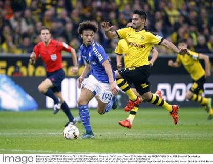 SANE Leroy Team FC Schalke 04 mit GUENDOGAN Ilkay DFL Fussball Bundesliga Saison 2015-2016 Spiel Borussia Dortmund-FC Schalke 04 3 : 2 am 08. November 2015 in Dortmund 