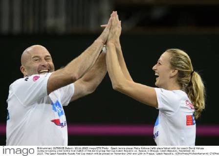 Czech tennis player Petra Kvitova (left) plays futnet with her coach David Kotyza during a training prior to the final match of the world group Fed Cup Czech Republic vs. Russia, in Prague, Czech Republic, November 10, 2015. The Czech Republic-Russia Fed Cup match will be played on November 14th and 15th in Prague, Czech Republic. (CTKxPhoto MichalxKamaryt) CTKPhotoP201511100823201  kmt 21