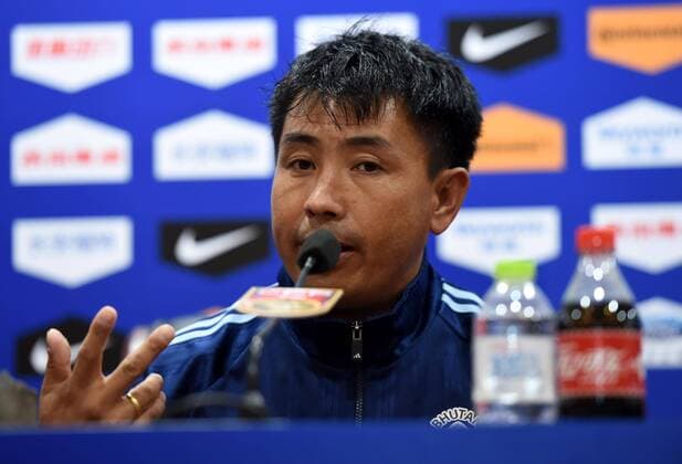 (151111) -- CHANGSHA, Nov. 11, 2015 -- Bhutan s head coach Pema attends a press conference PK Pressekonferenz prior to the 2018 FIFA Group E World Cup qualifier against China in Changsha, central China s Hunan Province, Nov. 11, 2015. Bhutan will play against China on Nov. 12. ) (SP)CHINA-CHANGSHA-WORLD CUP QUALIFIER GuoxYong 