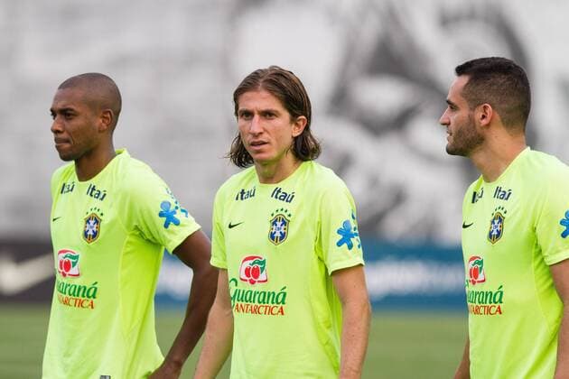 Training Selection Home Brazilian Sao Paulo, Brazil - 10 11 2015: SELECTION TRAINING HOME BRAZILIAN - Filipe Luiz and Renato Augusto for training the Brazilian Principal Selection held at CT Joaquim Grava Corinthians. (Photo: Fe Reis FotoArena)  FexReis