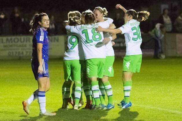 Fußball, UWCL, FC Chelsea - VfL Wolfsburg; Wolfsburg Jubel, Torjubel, Freude, Emotion, Torerfolg, Aktion, action, goal, goal celebration, celebrates. xtgx