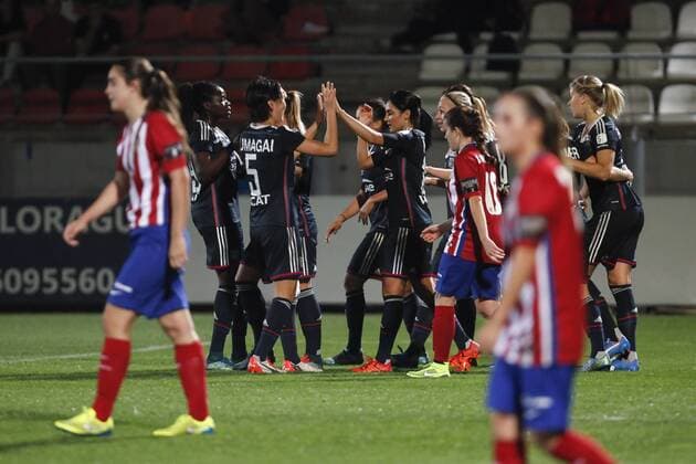 Fußball, Damen, Champions League, Atletico Madrid - Olympique Lyon Olympique Lyonnais s players celebrate a goal (0-1) during UEFA Women s Champions League soccer match between Atletico de Madrid and Olympique Lyonnais, in Madrid, Spain. November 11, 2015.  (20151111021)