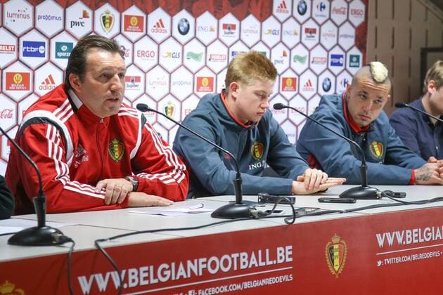 - BRUSSELS, BELGIUM: Belgium s head coach Marc Wilmots, Belgium s Kevin De Bruyne and Belgium s Radja Nainggolan pictured during a press conference PK Pressekonferenz of the Red Devils, the Belgian national soccer team, in Brussels, Thursday 12 November 2015. The team is playing a friendly games against Italy tomorrow in preparation of Euro2016. BRUNOxFAHY  x04738756x