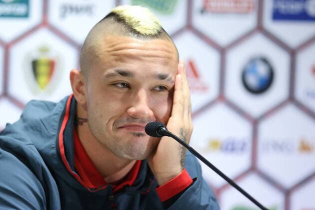 - BRUSSELS, BELGIUM: Belgium s Radja Nainggolan pictured during a press conference PK Pressekonferenz of the Red Devils, the Belgian national soccer team, in Brussels, Thursday 12 November 2015. The team is playing a friendly games against Italy tomorrow in preparation of Euro2016. BRUNOxFAHY  x04738766x