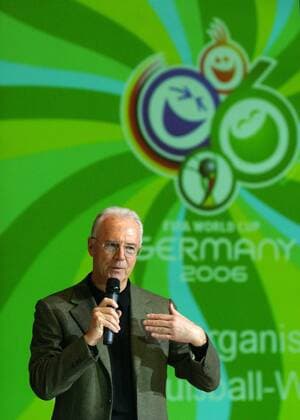 Fussball International, OK WM 2006 Praesentation bei der VDS Versammlung 2004 in Schonach 09.02.2004 Franz Beckenbauer (Praesident OK WM 2006) mit Logo 