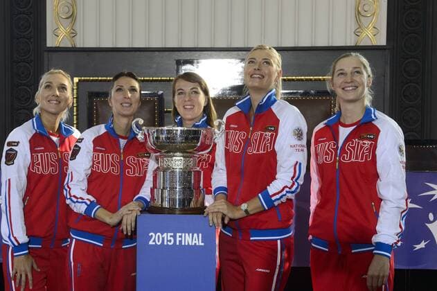 Russia s tennis Team players from left Jelena Vesninova, captain Anastasia Myskinova, Anastasija Pavlujcenkovova, Maria Sarapovova and Jekaterina Makarovova pose with trophy for winner. Tennis draw of Fed Cup final 2015, Czech Republic - Russia takes place at Old Town Hall in Prague, Czech Republic, November 13, 2015. The Czech Republic-Russia Fed Cup match will be played on November 14th and 15th in Prague, Czech Republic. (CTKxPhoto MichalxKamaryt) CTKPhotoP201511130579601  kmt 2