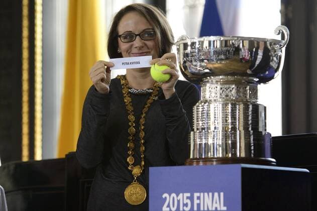 Prague s Mayor Adriana Krnacova shows ticket of drawing lots. Tennis draw of Fed Cup final 2015, Czech Republic - Russia takes place at Old Town Hall in Prague, Czech Republic, November 13, 2015. The Czech Republic-Russia Fed Cup match will be played on November 14th and 15th in Prague, Czech Republic. (CTKxPhoto MichalxKamaryt) CTKPhotoP201511130647901  kmt 18 K