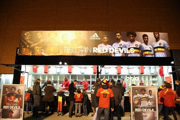 - BRUSSELS, BELGIUM: Illustration picture shows the new shirts at the Belgian fanshop before a friendly soccer game between Belgian national team Nationalteam Red Devils and Italy, in Brussels, Friday 13 November 2015, a game in preparation of the Euro2016 European Championship EM Europameisterschaft BRUNOxFAHY  x04739525x