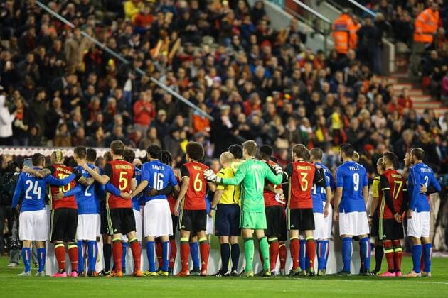 - BRUSSELS, BELGIUM: Italian players and Belgian players commemorate the 1985 Heizel-Heysel disaster at the start of a friendly soccer game between Belgian national team Nationalteam Red Devils and Italy, in Brussels, Friday 13 November 2015, a game in preparation of the Euro2016 European Championship EM Europameisterschaft BRUNOxFAHY  x04739661x