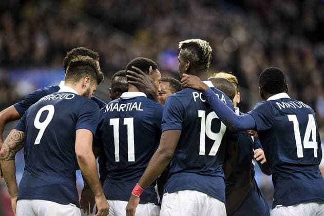 Olivier Giroud (Fra) Anthony Martial (Fra) Paul Pogba (Fra) Patrice Evra (Fra) Raphael Varane (Fra) - Fussball, Länderspiel Nationalteam, Testspiel, Frankreich vs. Deutschland - 13 11 2015 JBAutissier Panoramic 