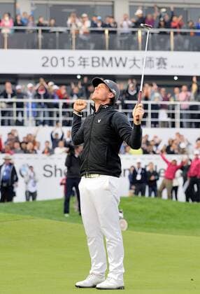 Nov. 15, 2015 - Shanghai, People s Republic of China - KRISTOFFER BROBERG of Sweden celebrating after winning the BMW Masters at Lake Malaren Golf Club in Shanghai. Golf 2015 - Shanghai Masters - Day 4  - ZUMAm119