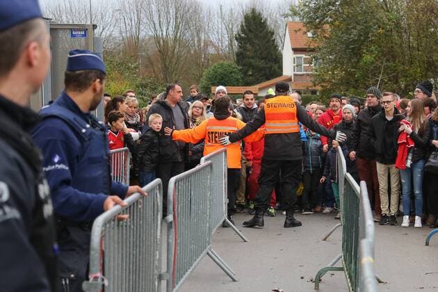 - BRUSSELS, BELGIUM: Illustration picture shows a security checkpoint being installed before a training session of the Red Devils, the Belgian national soccer team, Sunday 15 November 2015, in Brussels. Next Tuesday the team plays against Spain in preparation of Euro2016. BRUNOxFAHY  x04740858x