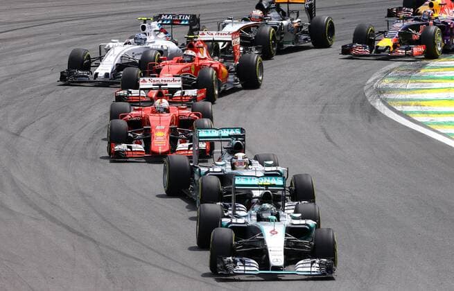Brazil Grand Prix Formula 1 in 2015 SAO PAULO, Brazil - 11 15 2015: BIG FORMULA OF BRAZIL AWARD 1 2015 - Nico Rosberg GER, Team Mercedes-AMG-Petronas Formula One ahead of Lewis Hamilton at the start of the Brazil Grand Prix Formula 1 in 2015, held the Interlagos circuit. (Photo: Rodolfo Buhrer La Picture FotoArena)  RodolfoxBuhrer