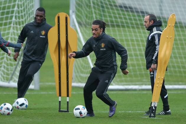 - BRUSSELS, BELGIUM: Belgium s Christian Benteke and Belgium s Jason Denayer pictured during a training session of the Red Devils, the Belgian national soccer team, Sunday 15 November 2015, in Brussels. Next Tuesday the team plays against Spain in preparation of Euro2016. BRUNOxFAHY  x04740910x